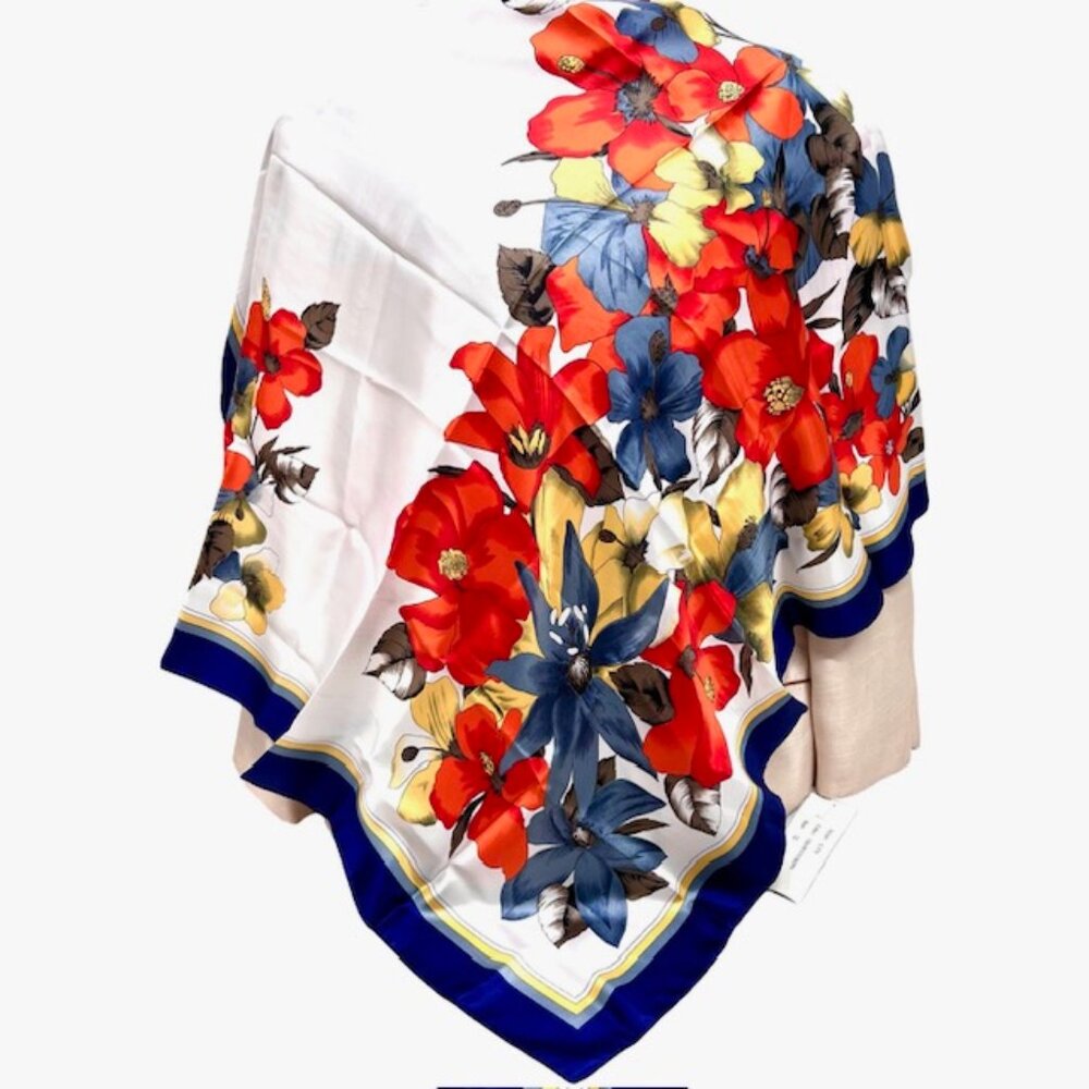 Beautiful Giorgio Bissoni 100% Silk Scarf 34" white blue orange red floral(23)
